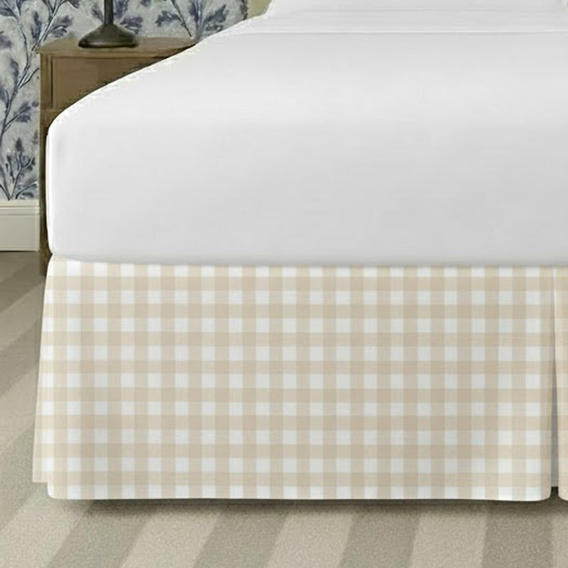 Gingham Pattern Tailored Bed Skirt 15" Drop Length, Full XL, Ivory