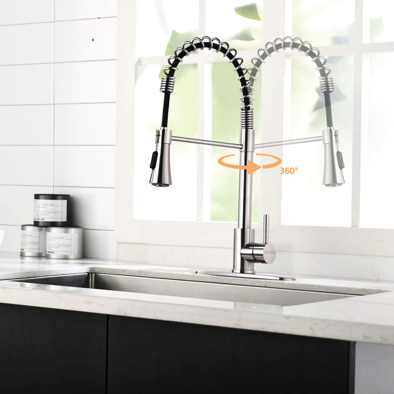 Kitchen Sink Faucet With Brushed Nickel Surface - Rust Proof 360 Degree Swivel Pull Down Spray For Convenient Washing Stainless Steel In To Water Spots And