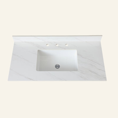 43 Inch Marble Vanity Top, White Vanity Top With Pre-Drilled Faucet Holes, Bathroom Vanity Top With Undermount Rectangular Middle Sink And 4" Height Backsplash,  Bianco Carrara Venato