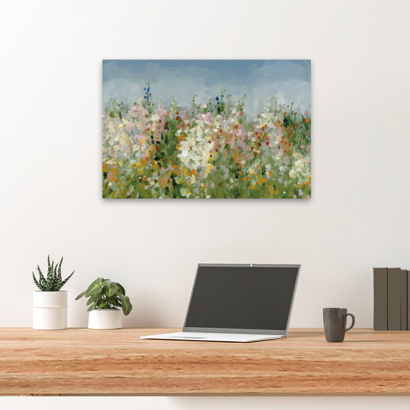 Art sur fond bleu et floral, H 16 po x l 24 po