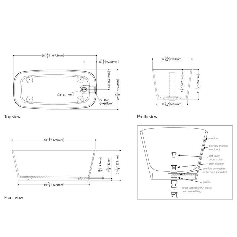 Straight 58.94'' L Soaking Bathtub, White True High Gloss, Polish Chrome