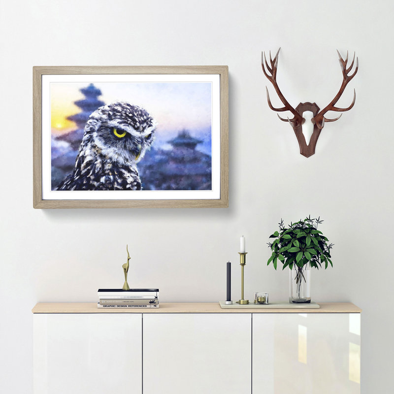 Owl In Nepal - Single Picture Frame Print on MDF, 45cm H x 63cm W x 2cm D, Oak