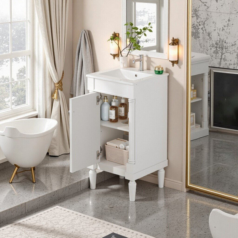 Armoire de salle de bain de style français 18 po avec lavabo en céramique et tablette réglable, Blanc