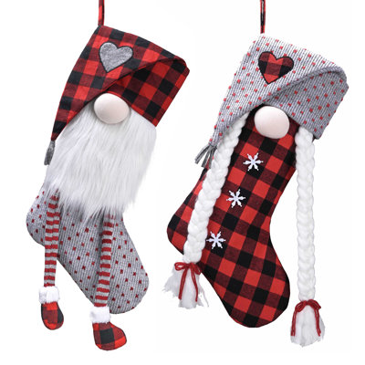 Valery Madelyn 21" 2PCS Red Gray Gnomes Christmas Stockings Decorations Tartan Cute Embroidered Love 3D Plush Stocking with Name Tag for Fireplace Mantel Xmas Gifts Party Christmas Decor