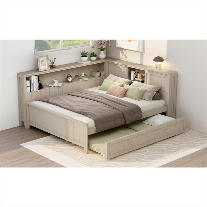 Lit de jour en bois massif de style campagnard, cadre multifonctionnel de chambre d'amis avec tablettes de rangement et lit gigogne escamotable, ton blanc