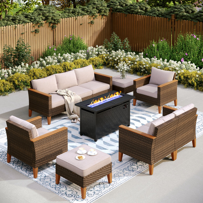 Lonsdale 9 - Person Wicker Outdoor Patio Conversation Furniture Sectional Set with Fire Pit Table