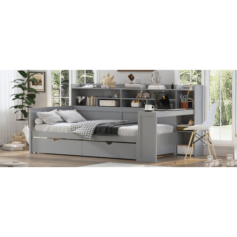 Multifunctional Wooden Twin Size Bed With Storage And Workspace, Modern Design For Small Bedrooms