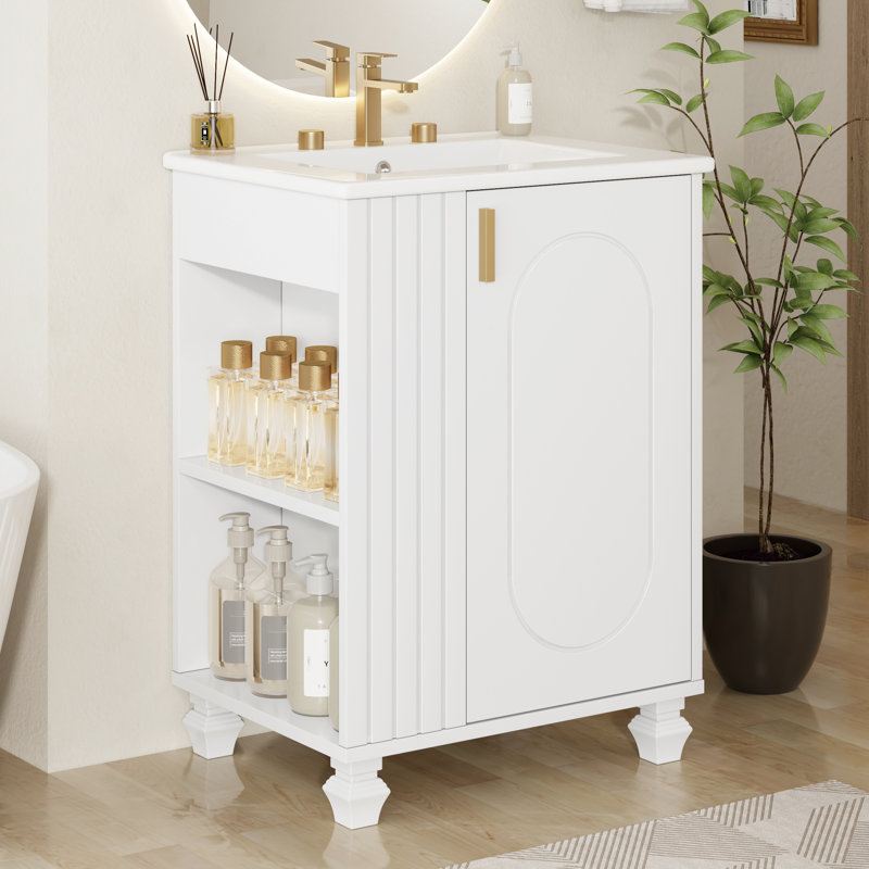 Meuble-lavabo blanc 24 po avec lavabo en céramique lisse, structure, poignées en métal, étagères à 2 niveaux, rangement sous l'évier, tablettes ouvertes en bois massif