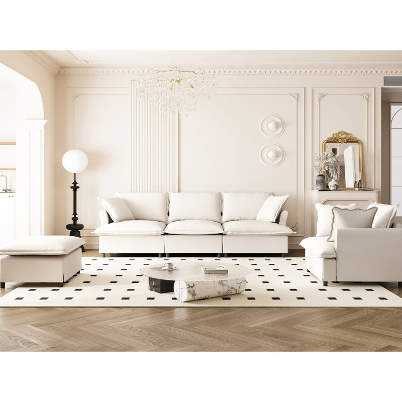 Canapé modulaire en chenille: canapé modulaire de 3 pièces avec siège, fauteuil et 5 sièges, Chenille beige
