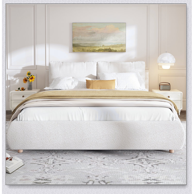 Lit plateforme tapissier avec deux têtes de lit amovibles, tissu Boucle