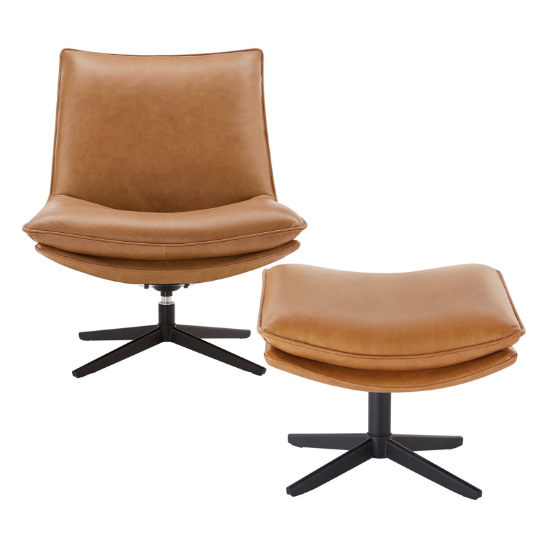 Genuine Leather Swivel Lounge Chair With Ottoman, Zurich Caramel
