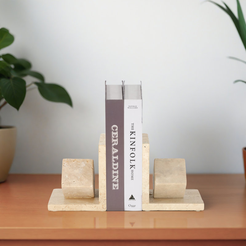 Set Of 2 6" Travertine Cube On Base Bookends, Tan