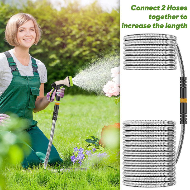 Metal Garden Hose With 10 Function Nozzle, H 15 po x L 600 po x P 15 po