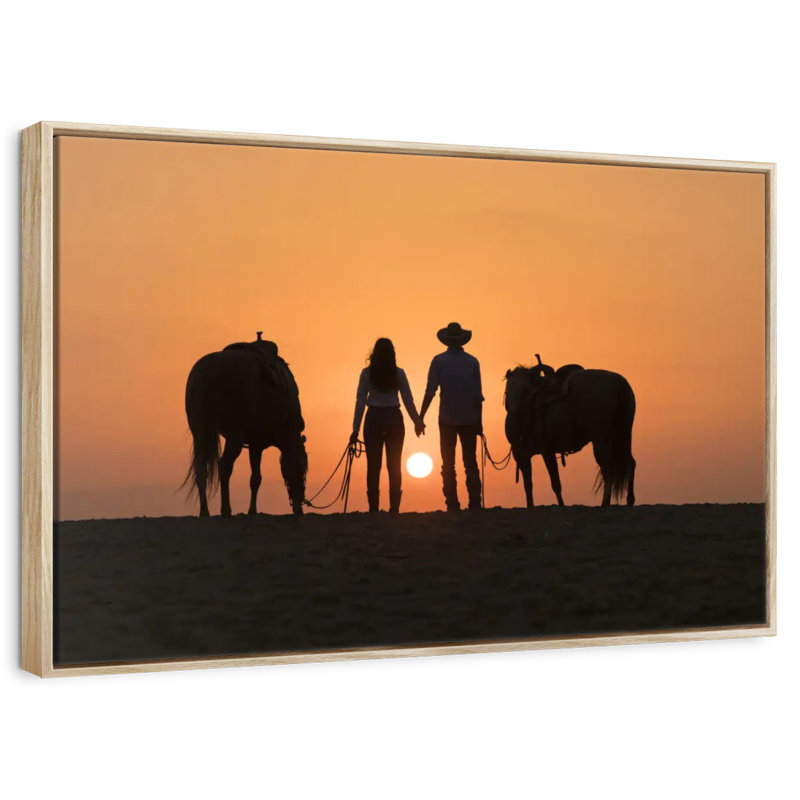 Couple de cowboys, Cadre flottant en bois naturel, 25 po x 17 po