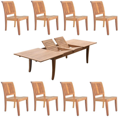 Ensemble de salle à manger 11 pièces en bois de teck de qualité A: table rectangulaire double extension Atnas de 122 po et 10 chaises sans accoudoirs Lagos # 11LG2800