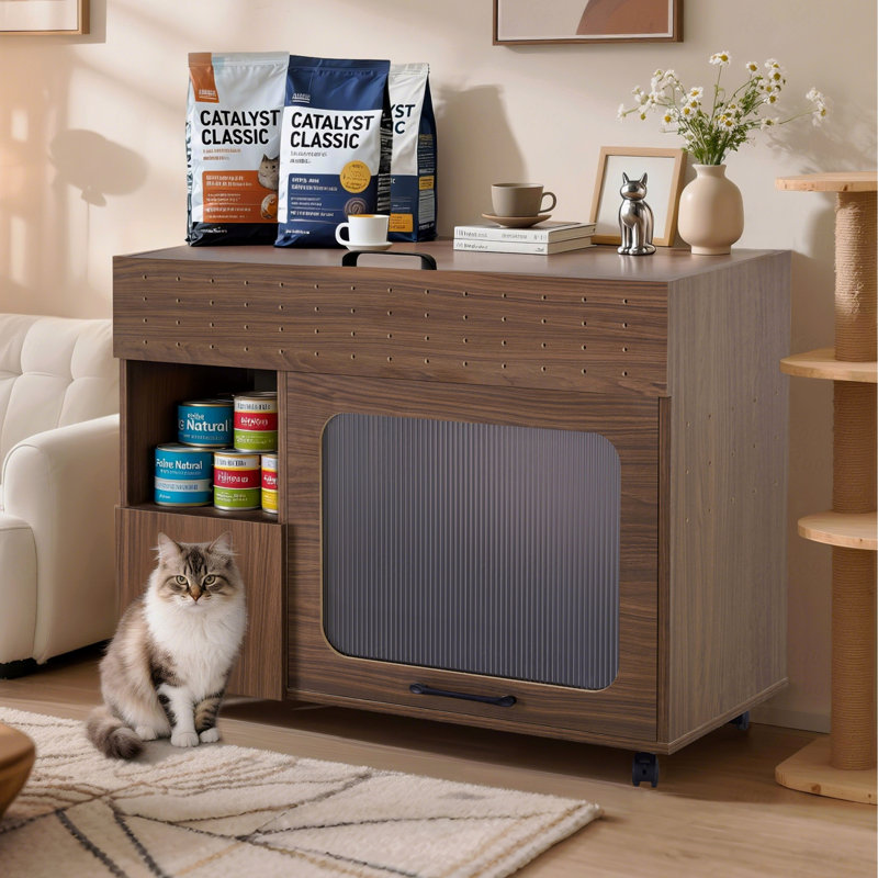 Enceinte de litière 2 en 1 multi-usage pour chat, table d'appoint moderne en noyer avec rangement, armoire latérale pour buffet