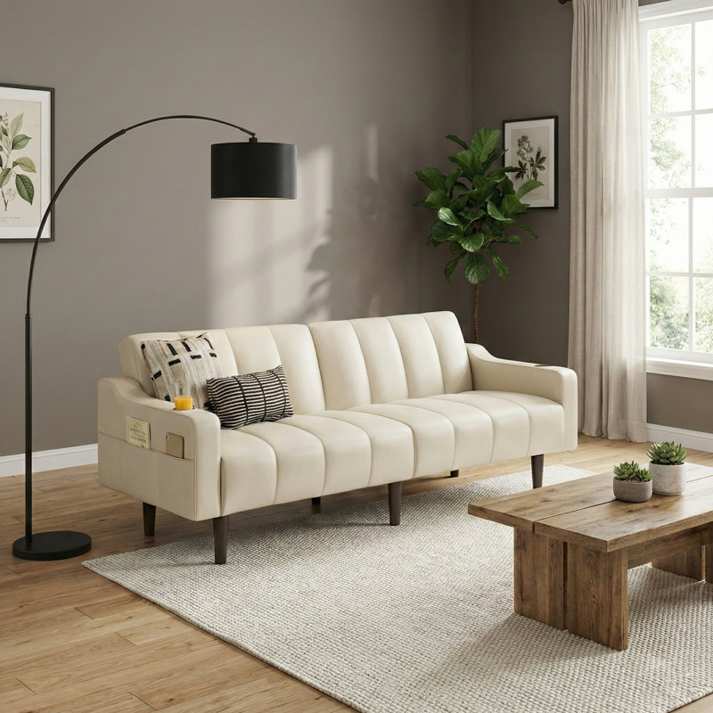 80" Modern Faux Leather Upholstered Sofa for Living Room, Beige
