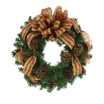 Jevita Evergreen Wreath with Pinecones and ribbon
