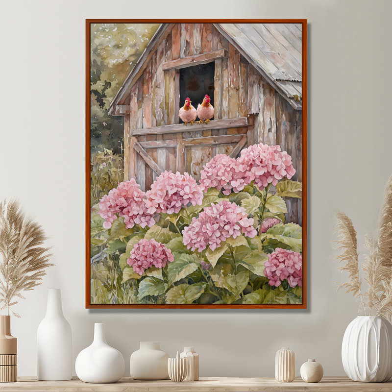«Drayvon Hydrangeas And Chickens In The Yard I», reproduction sur toile encadrée, Brun, Reproduction avec cadre flottant