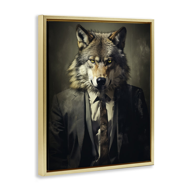 Cadre flottant Fancy Wolf in suit, design par Ray Powers, Cadre flottant métallique doré, H 31 po x l 25 po