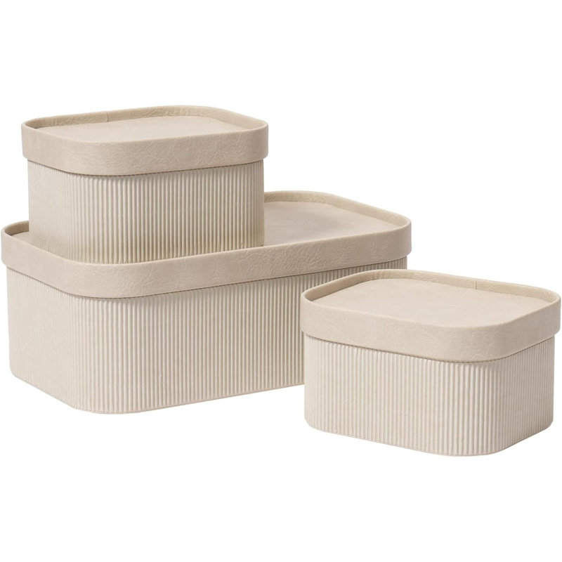 Paniers de rangement cannelés en carton avec couvercles en similicuir, plateau décoratif en carton empilable robuste, lot de 3