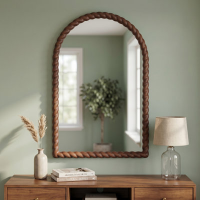 Farmhouse Arched Wall Mirror with Solid Wood Frame and Carved Rope Detail