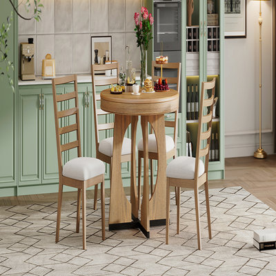 Round Dining Table For 4 With Chairs Set, Extendable Dining Table Set With 16" Removable Middle Leaf, 5 Piece Retro Dining Table Set Unique Geometric