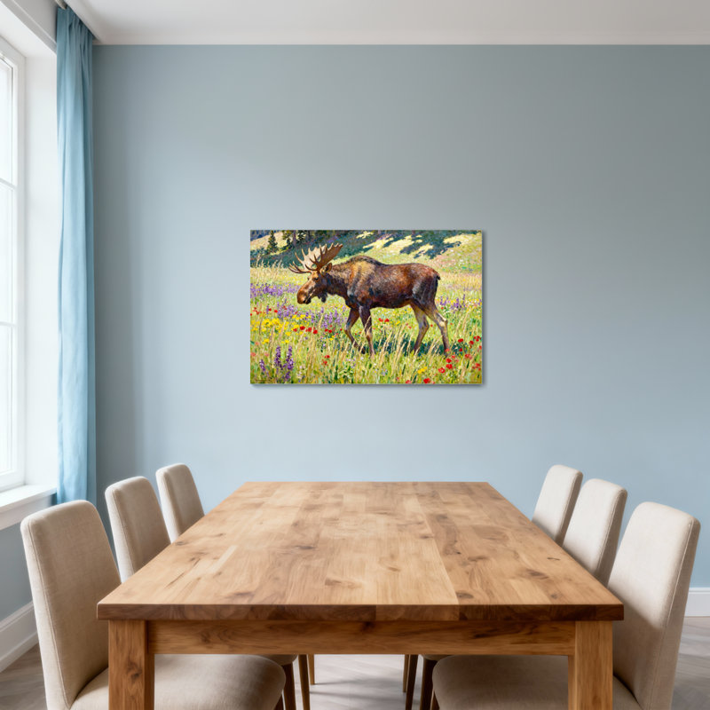 «Christmas Moose In Wildflower Field», reproduction d'art, H 32 po x l 48 po