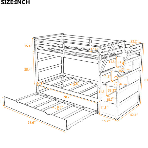 Latitude Run® Elegant Twintwin Bunk Bed With Trundle And 3 Storage ...