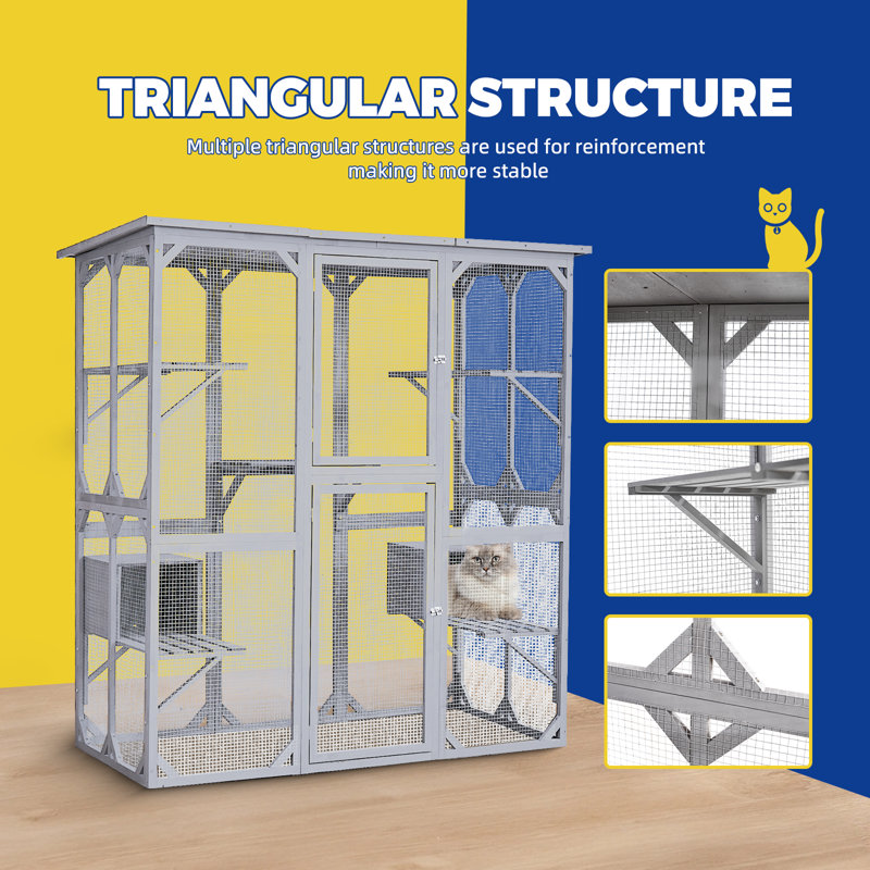 Gray 72" Outdoor Wooden Cat Enclosure with Platforms