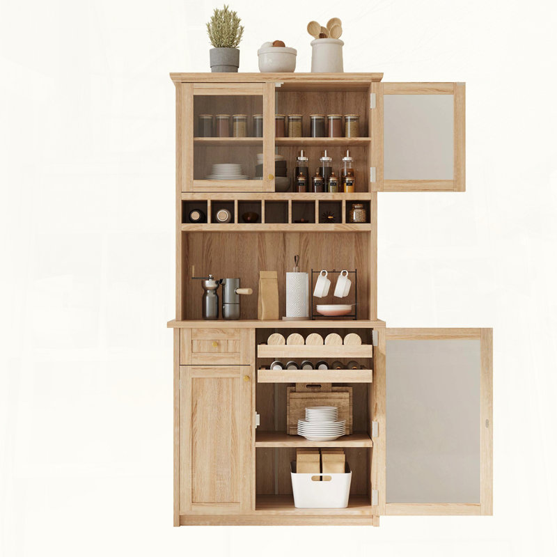 Buffet autoportant de 35,4 po x 17,7 po x 74,8 po avec huche, grand garde-manger avec support à vin et tablettes réglables pour la salle à manger