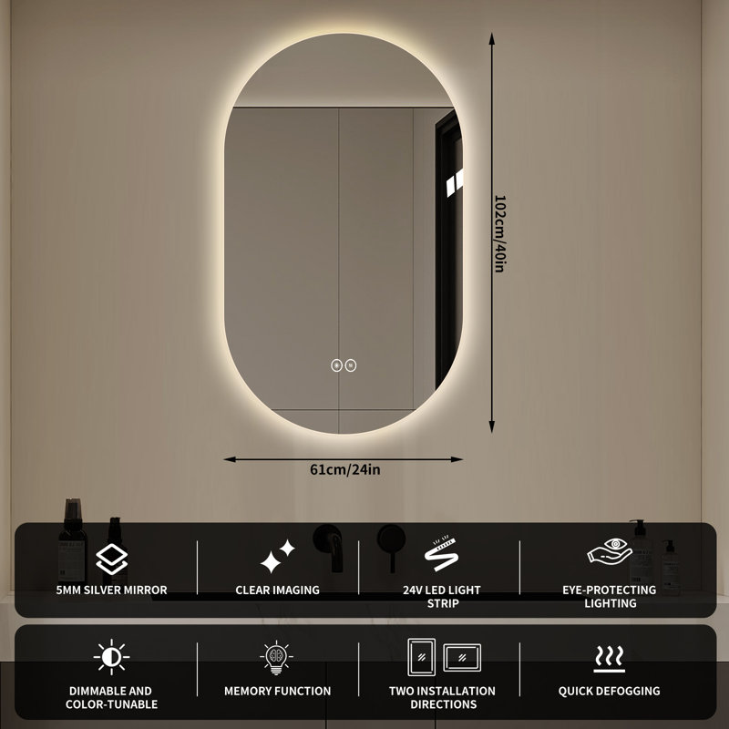 40" x 24" Frameless Oval LED Backlit Bathroom Mirror, 3 Color Dimmable Light, Anti-Fog, Touch Control, Explosion-Proof, Wall Mounted Vanity Mirror