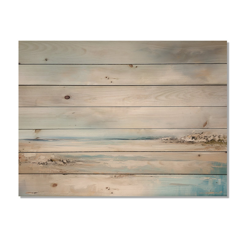 «Beige et bleu», horizon minimal I, plage, bord de mer, bois de pin naturel, H 24 po x l 32 po