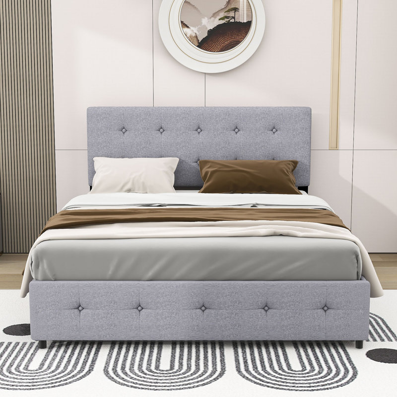 Grand lit plateforme tapissier avec rangement Daryll, Gris clair