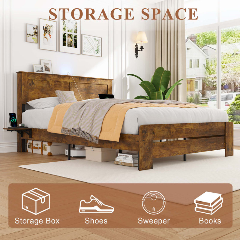 Farmhouse Full Size Bed Frame with Headboard Storage Shelf, Wood Platform Bed Frame with LED Lights & Charging Station, Rustic wood Bed, No Box Spring Needed, Noise-Free Sturdy Structure