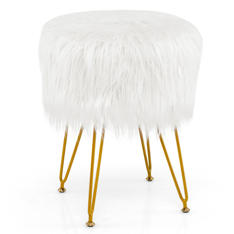 Aloe Upholstered Ottoman, Beige Faux Fur
