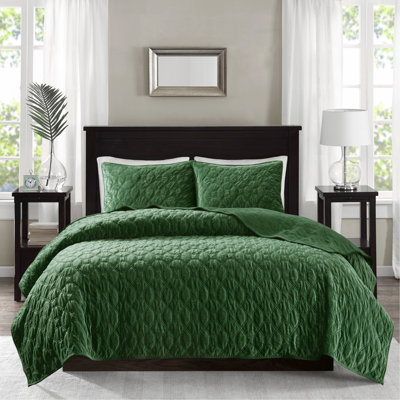 Ensemble de courtepointe en velours 3 pièces vert double / grand