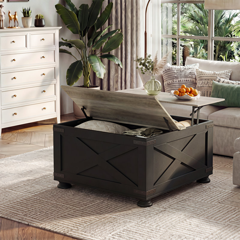 Farmhouse Coffee Table, 31.5" Square Coffee Table With Flip-Top Lids And Large Hidden Storage Compartment For Living Room