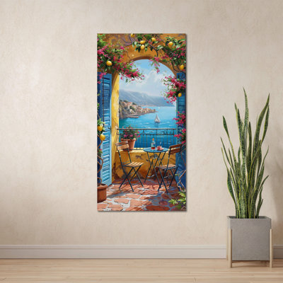 Kari - Italian Kitchen Decor, Window View Mediterranean Lemon Art Prints, Vintage Italy Amalfi Coast Painting Pictures for Home Decor, Modern Positano Travel Poster 12x24 Inch