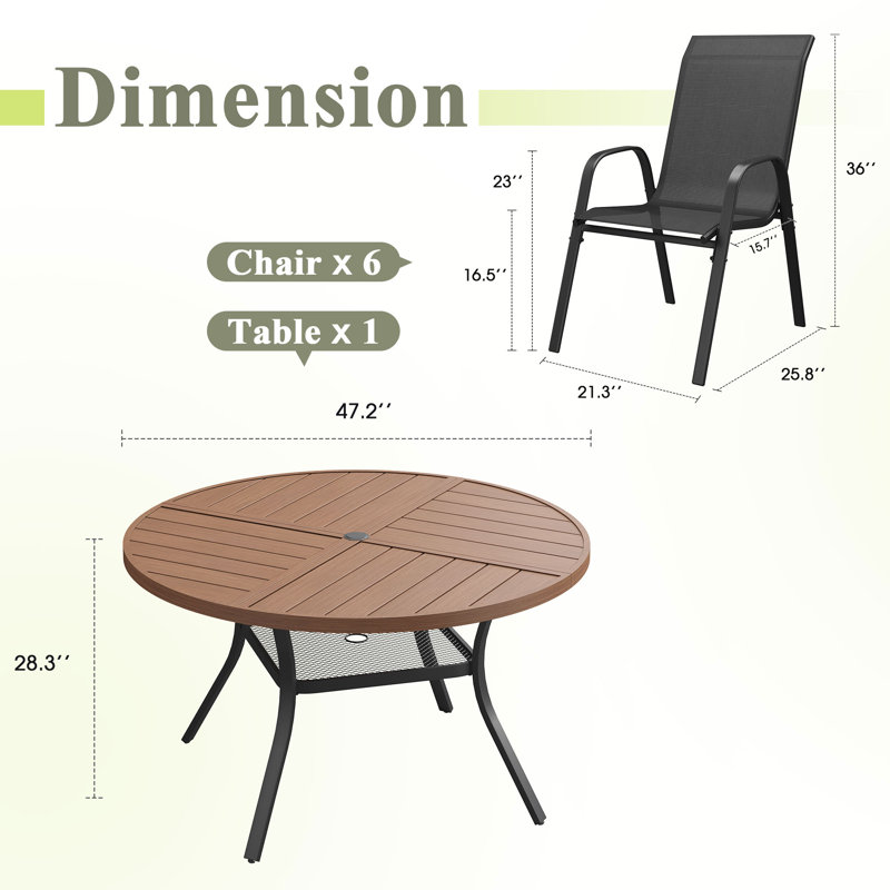 Ensemble de salle à manger de patio 6 personnes avec chaises empilables Textilene, Bois brossé brun / noir