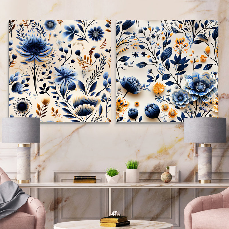 Moroccan Influence Floral Botanics - Ensemble de 2 art mural en acrylique sur verre floral, H 16 po x l 33 po