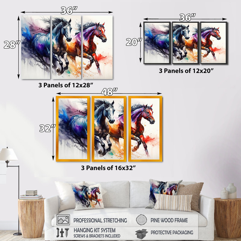 Chevaux qui courent II - 3 pièces sur toile, H 28 po x l 36 po, Toile tendue