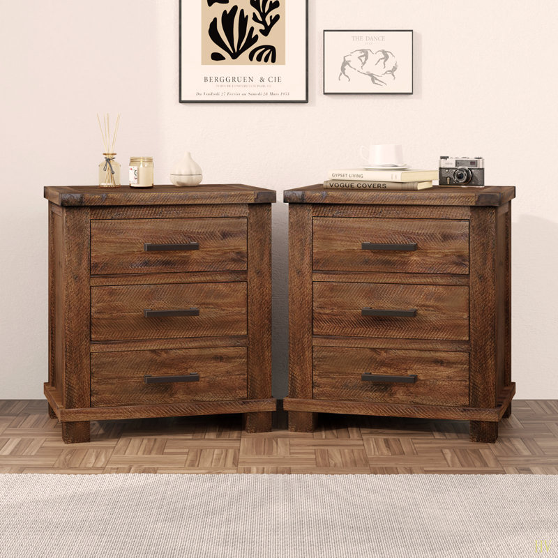 Table de chevet rustique en bois massif récupéré à trois tiroirs Rustic, Ensemble de 2, Brun