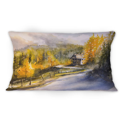 Paysage d'automne avec des oranges jaunes et des arbres verts - coussin décoratif traditionnel imprimé