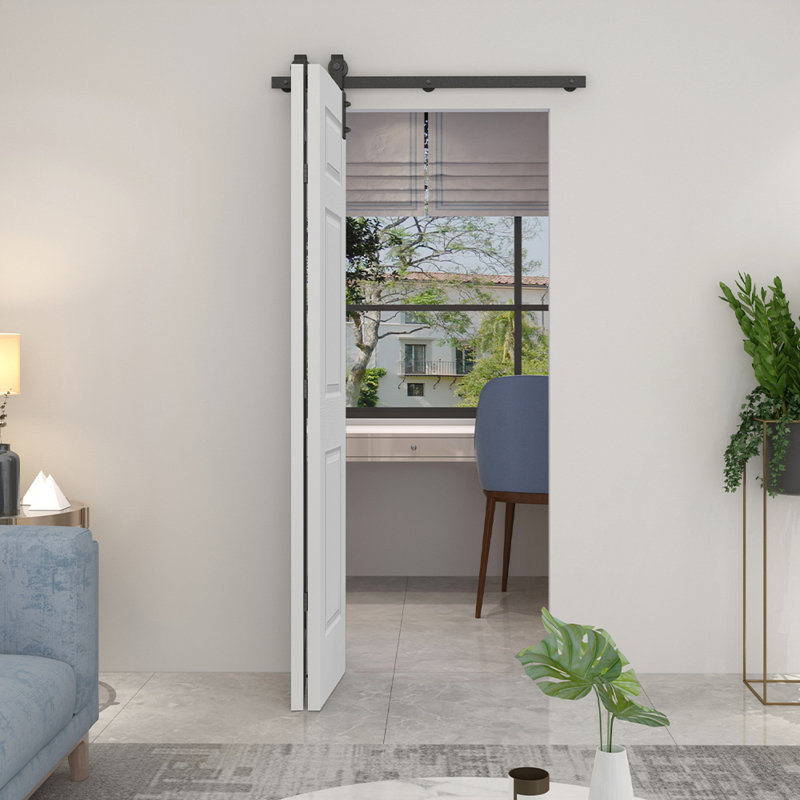 Primed White MDF Composite Bifold Barn Door with Black Hardware, 36" x 80"