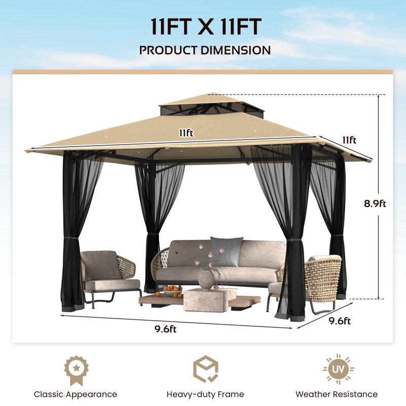 11X11 Gazebo, Outdoor Patio Gazebo With Mosquito Netting, Double Roof Metal Gazebo, Canopy For Backyard Covered Patio, Heavy Duty Gazebo Outdoor For Garden Deck Lawn, Khaki