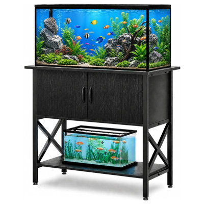 Support robuste pour aquarium de 40 à 50 gallons avec armoire de rangement à 2 niveaux pour poissons, tortues et reptiles – Design rustique en bois brun et métal, pieds ajustables, noir