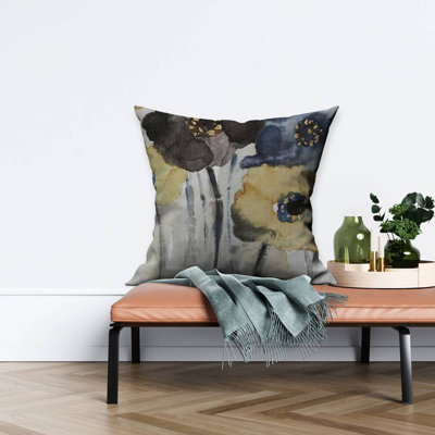 Gray Blue Yellow Flowers Botanical Beige Poly Twill Throw | Decor
