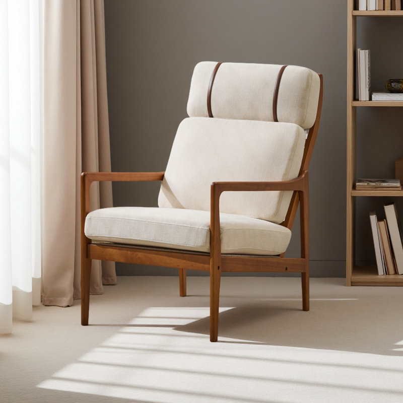 Fauteuil d'appoint Mid-Century moderne, structure en bois massif avec dossier haut, coussins rembourrés beiges, chaise longue ergonomique