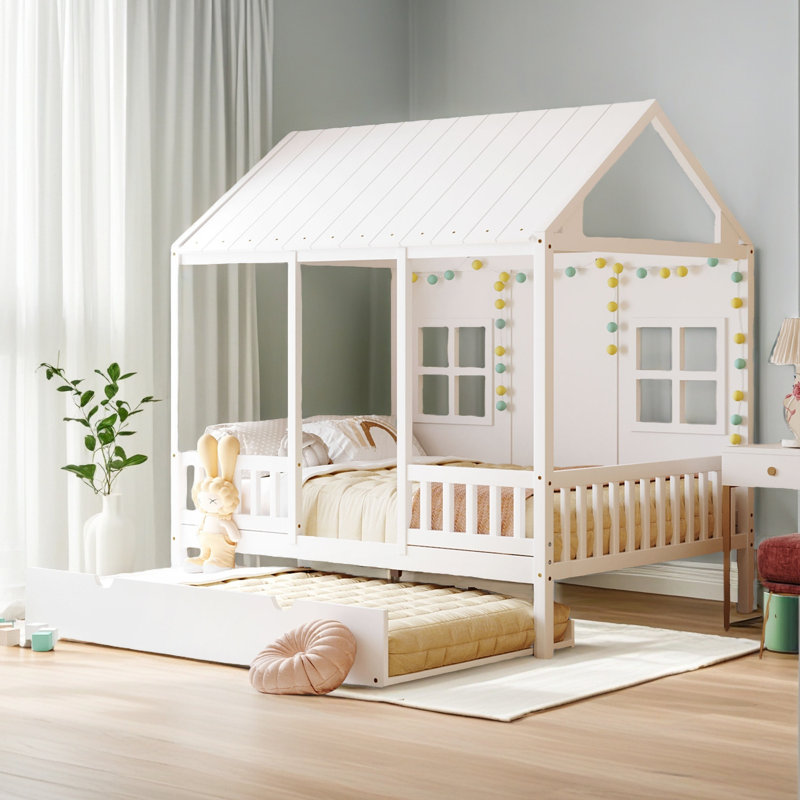 Lit en bois avec couchette Wood House, blanc, Complet/Double